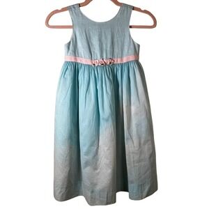 Malley Too Girls Teal 100% Linen Rosette Ombre Party Dress 5 Coquette Pastel
